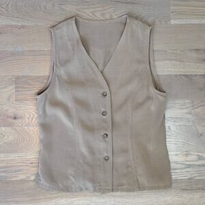 VTG 90s 100% Tencel Button Front Vest USA Made Camel Taupe Womens Size Small